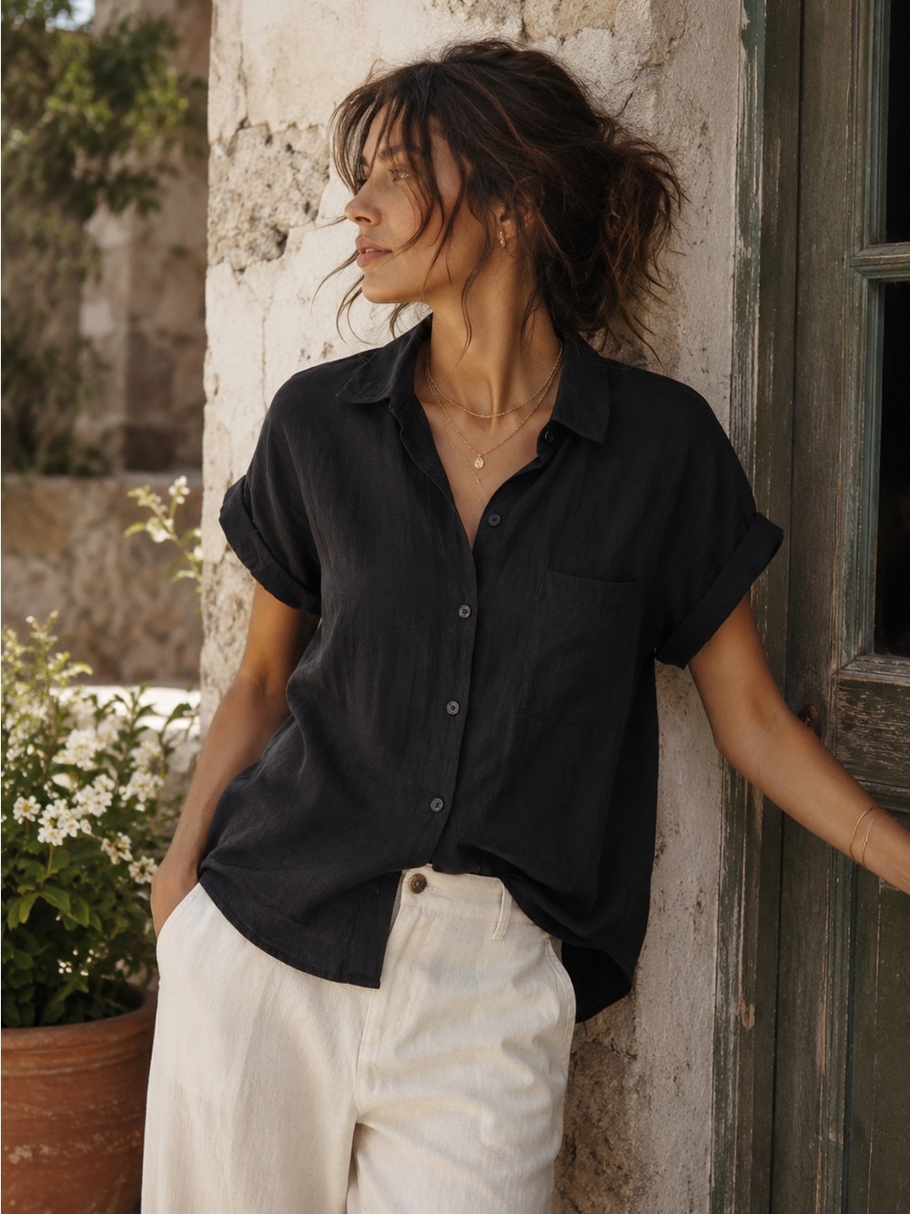 Joie Black Short Sleeve Button Front Blouse Medium